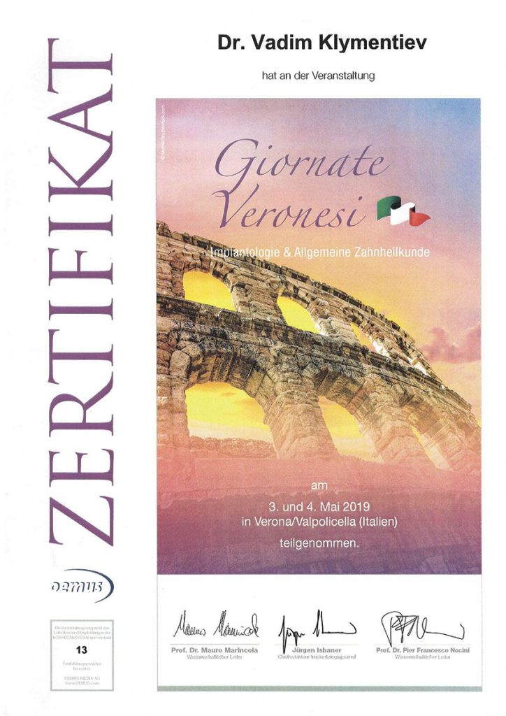 Chief Physician of the European Dental Center, Doctor of Medical Sciences, DGOI Expert, Honorary Member of DGOI, BDIZ EDI Member Vadym Georgiyovych Klymentyev Enhances Qualification in Italy